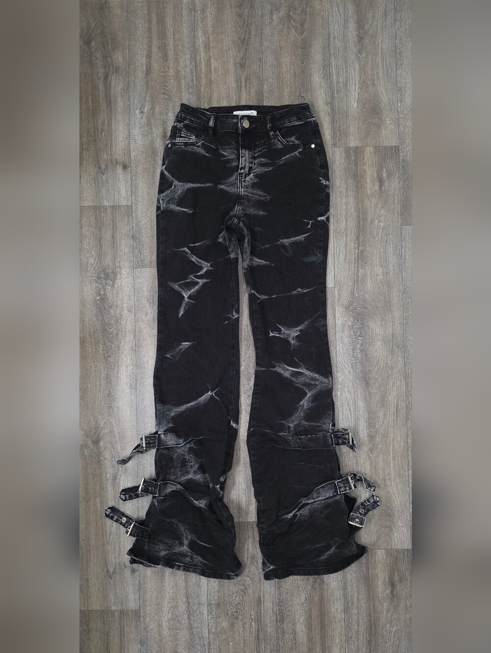 Machine Black Acid-Wash Flare Jeans with Buckle Straps-Size 3